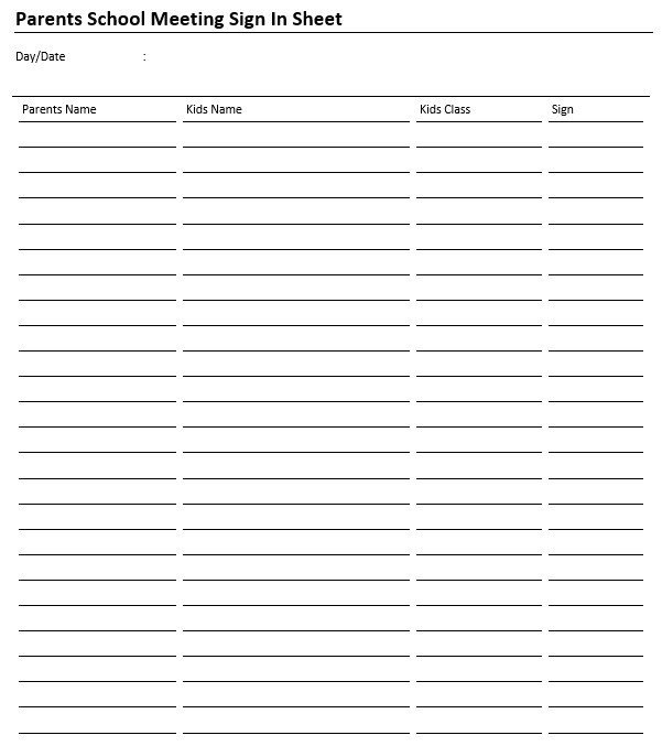 9 Free Sample Parent Sign in Sheet Templates Printable