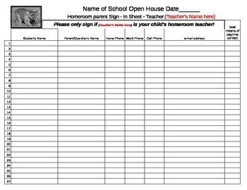 Open House Parent Sign In Sheet Spreadsheet EDITABLE by