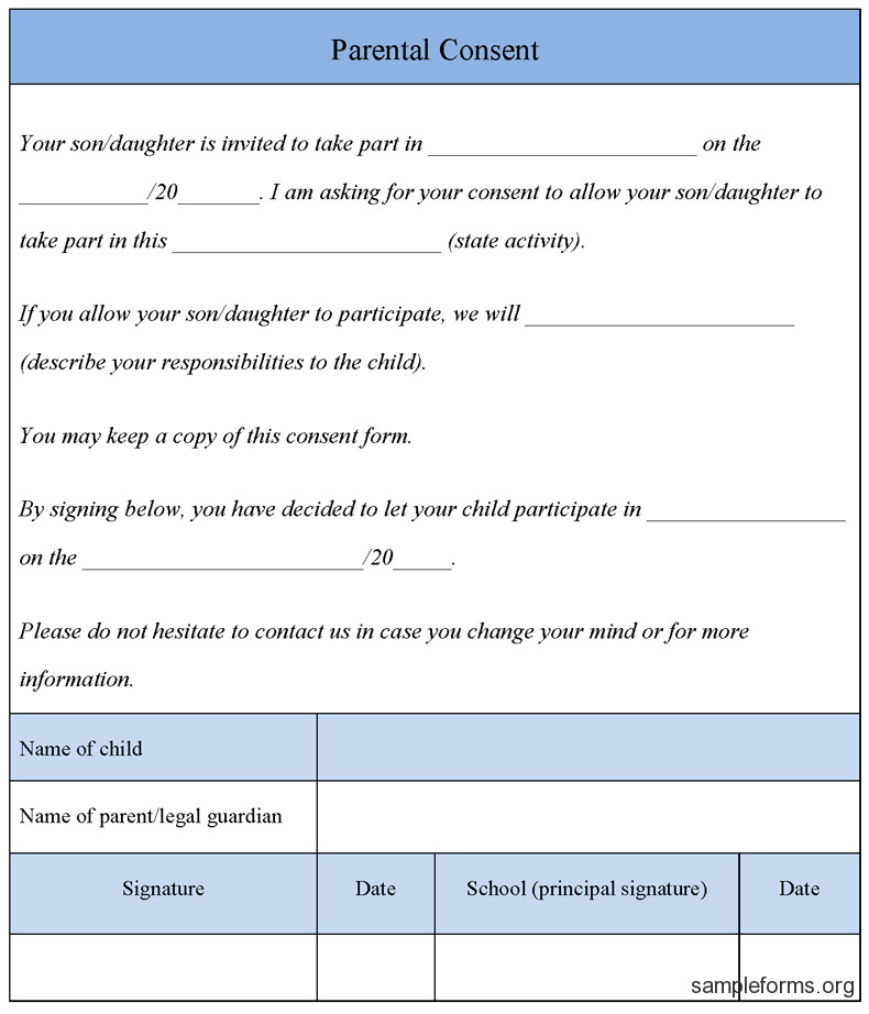 Parental Consent Form Template Sample Forms