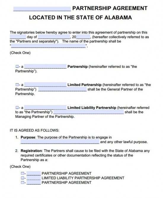 Free Alabama Partnership Agreement Template PDF