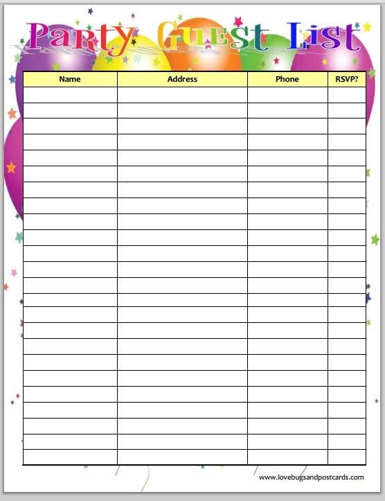FREE Printable Birthday Party Guest List Planner