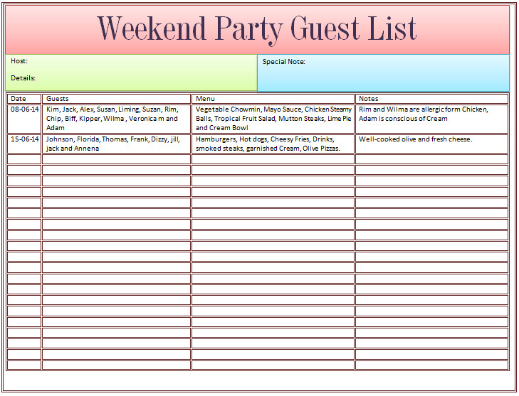 Guest List Template for Wedding or Weekend Party