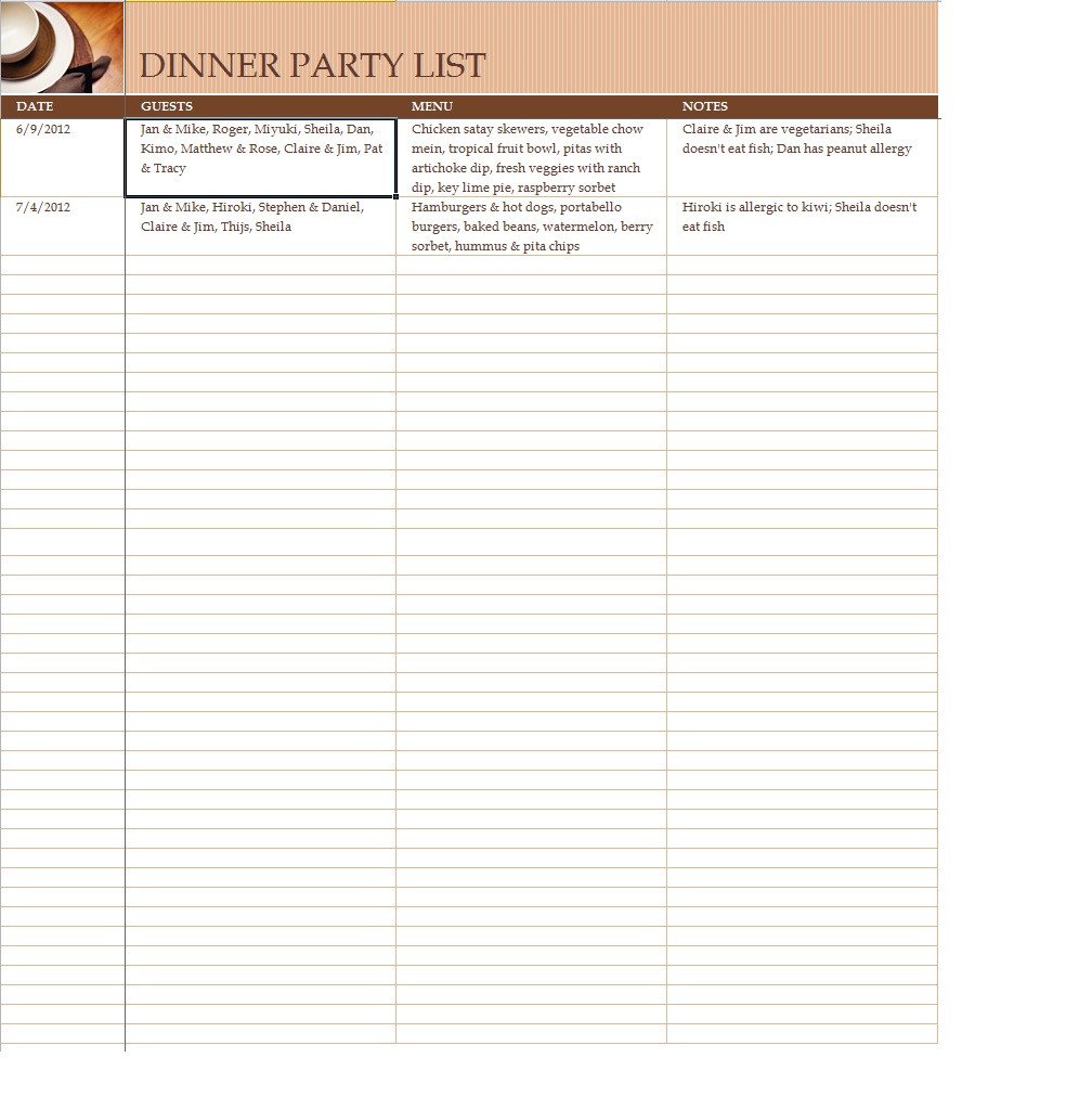Party Guest List Template Sample