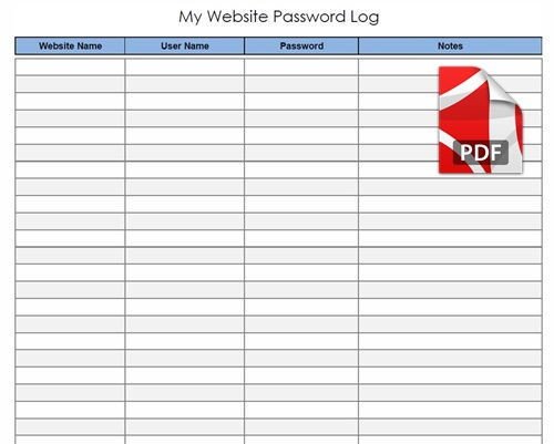 Website Password Log PDF Template Download