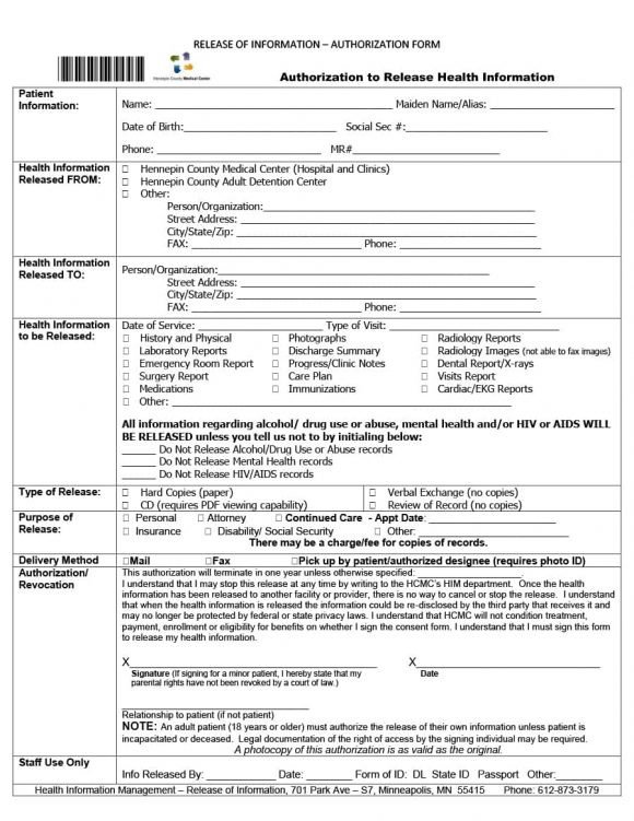 40 Medical Records Release Form Release of Information
