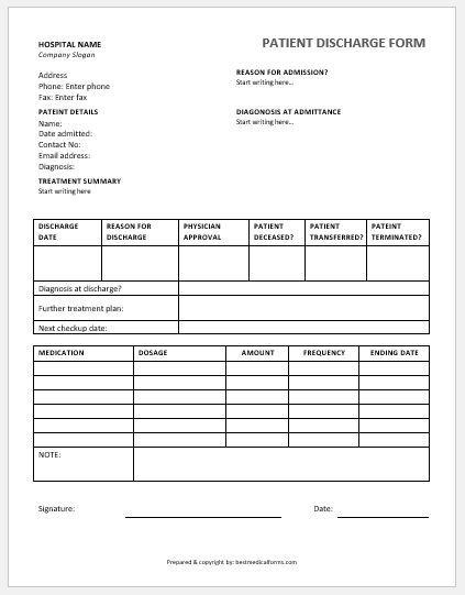 Patient Discharge Form Template MS Word