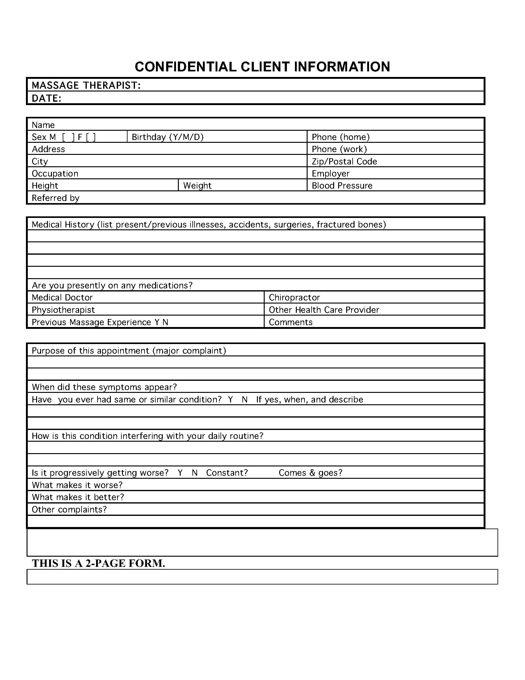 Confidential Patient Information Sheet for Massage Therapy