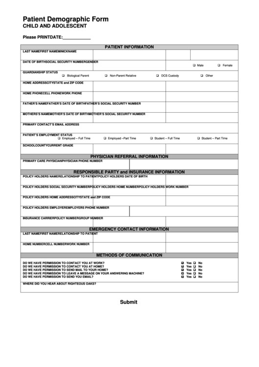 Fillable Patient Demographic Form printable pdf