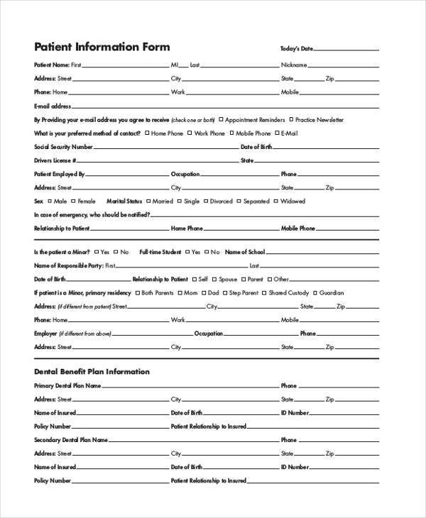 Sample Patient Information Forms 10 Free Documents in