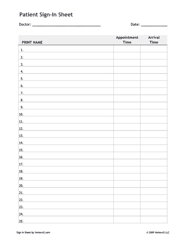 Free printable Patient Sign In Sheet PDF from Vertex42