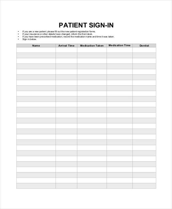 Patient Sign In Sheets Printable
