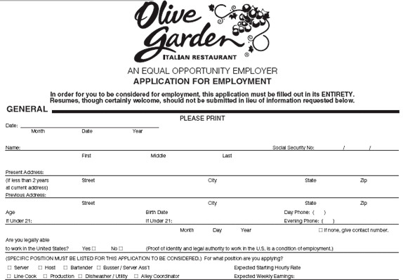 Olive Garden Application PDF Job Applications