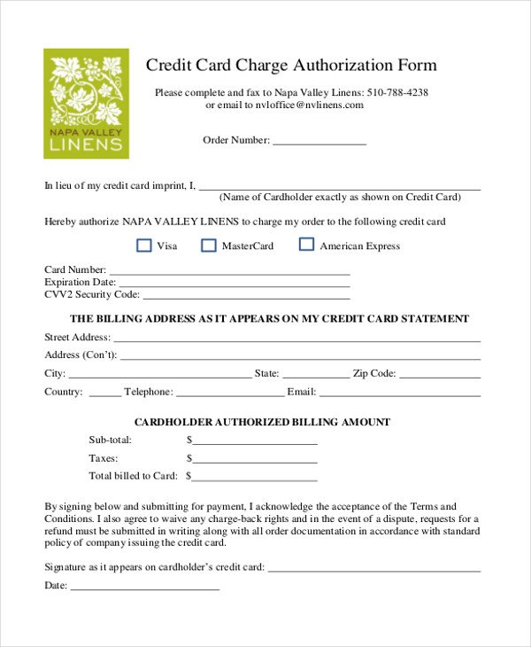Credit Card Payment Authorization Form Template