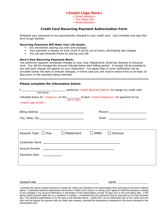 Credit Card Recurring Payment Authorization Form in Word
