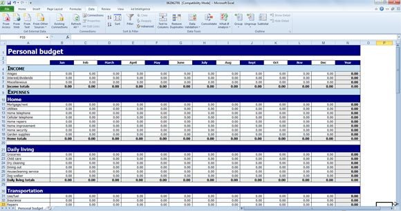 Free Personal Bud Template for Excel