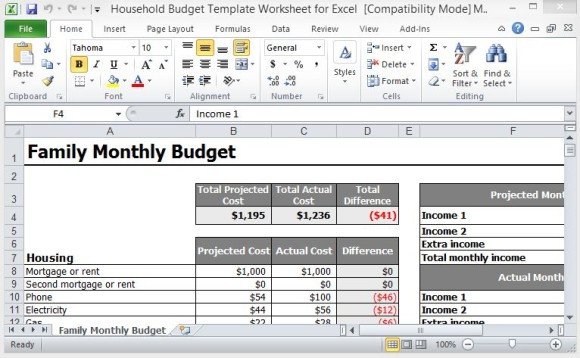 Household Bud Template Worksheet For Excel