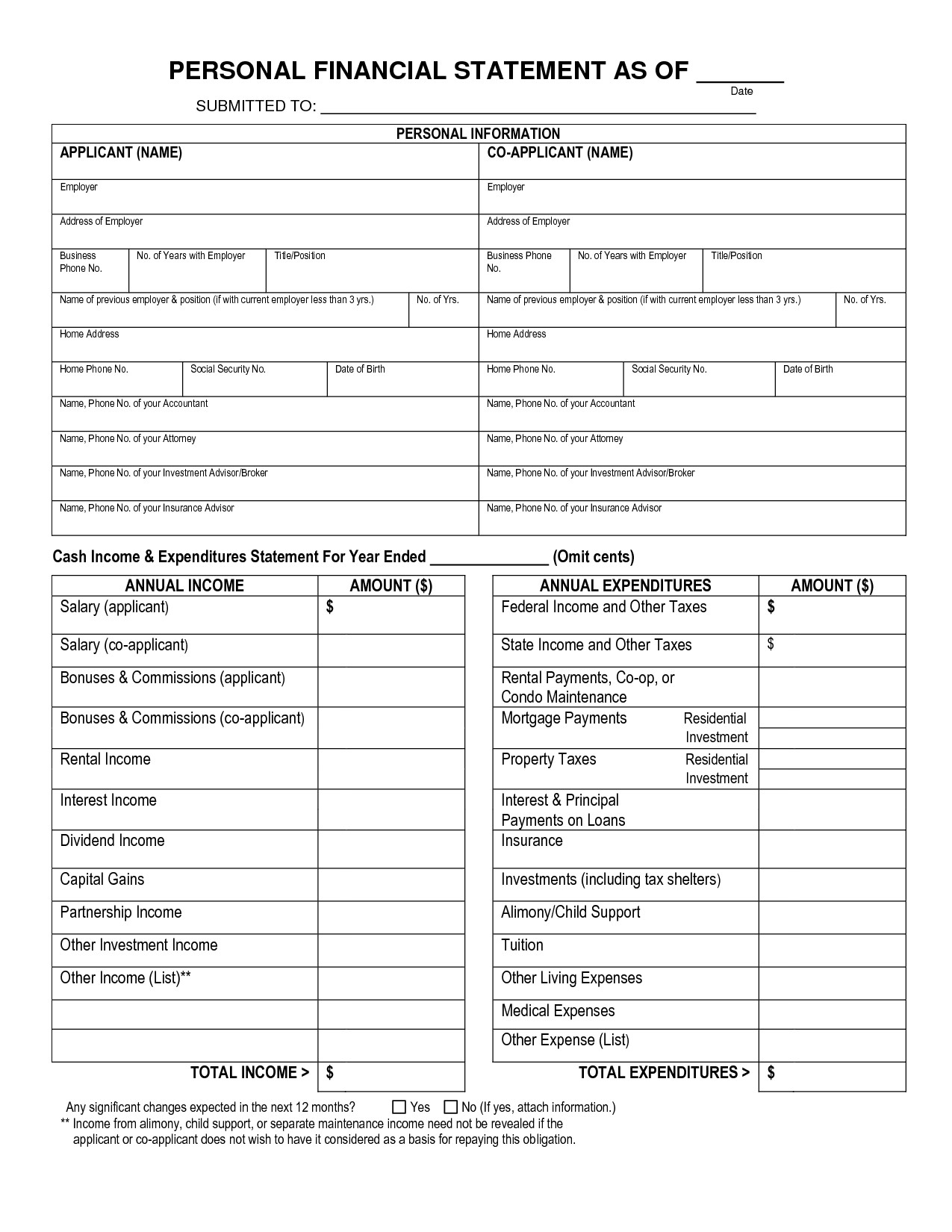 Free Printable Personal Financial Statement
