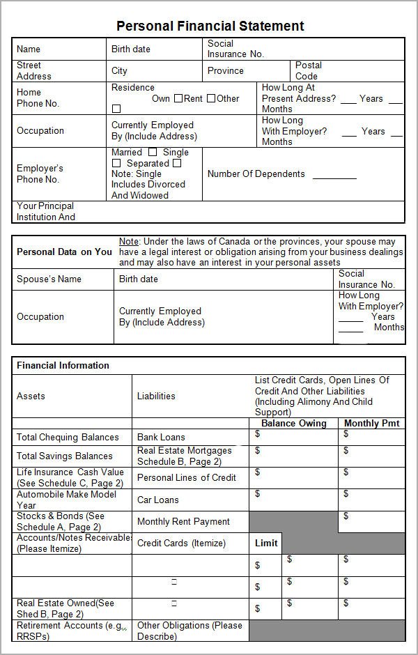 Personal Financial Statement Templates 15 Download Free