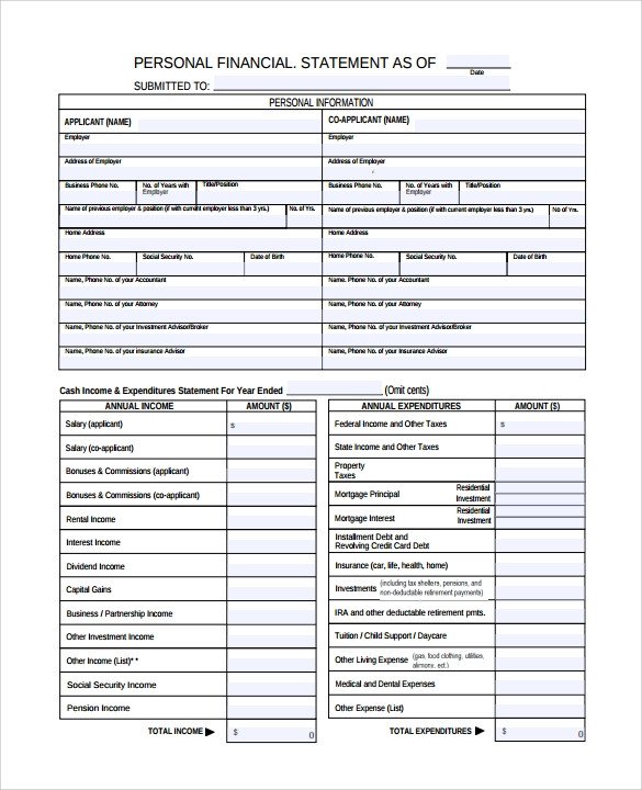 Personal Financial Statement Templates 15 Download Free