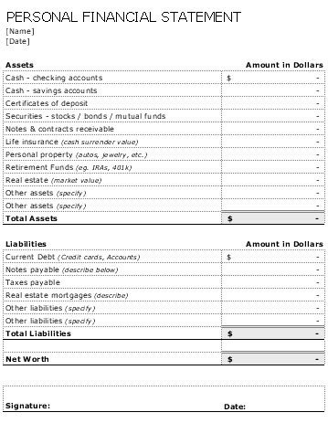Personal statement of assets and liabilities example