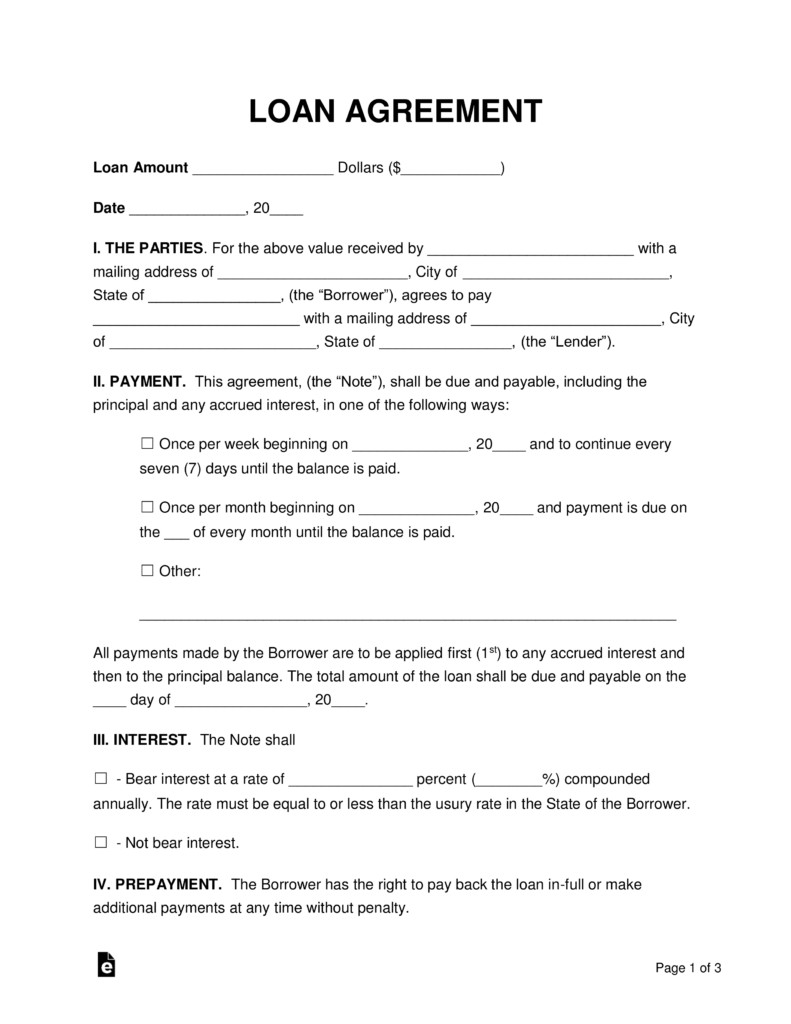 Free Loan Agreement Templates PDF Word