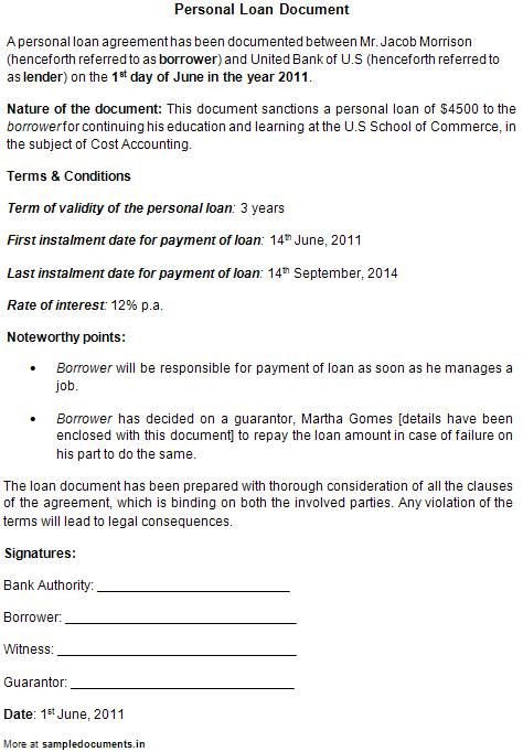 Printable Sample Personal Loan Contract Form