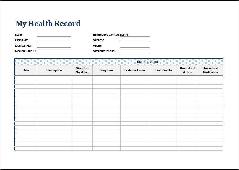 Personal Medical Health Record Sheet