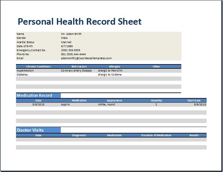 Personal Medical Health Record Worksheet Template