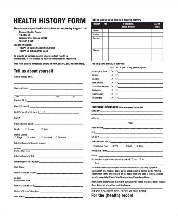 Sample Health History Template 9 Free Documents