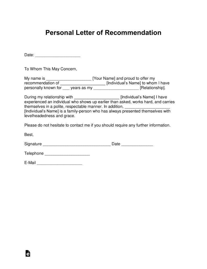 Free Personal Letter of Re mendation Template For a