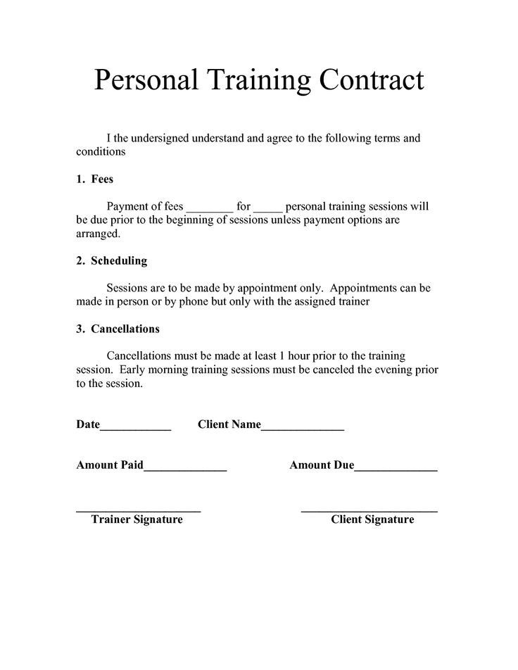 Free Printable Personal Trainer Contract Form GENERIC