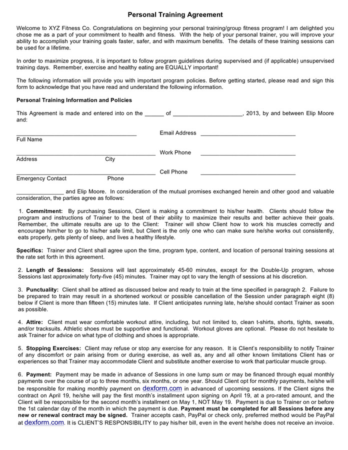 Personal Training Contract Sample free