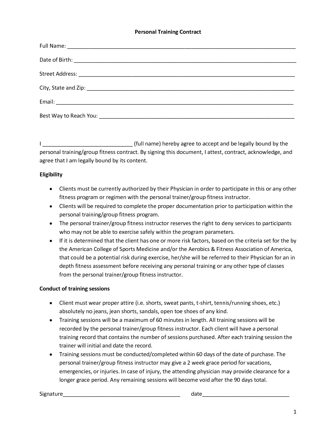 Personal Training Contract Template Free Printable Documents