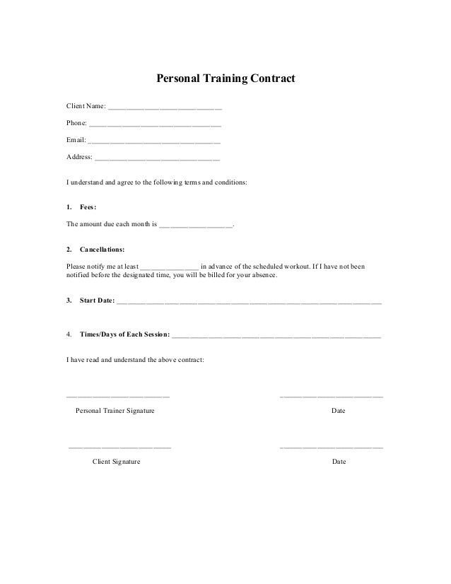 Printable Sample Personal Training Contract Template Form