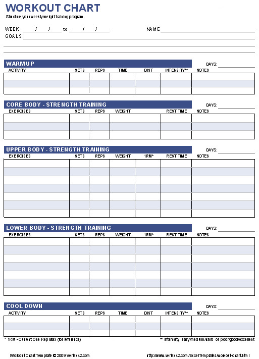 Free Workout Chart Template Fitness