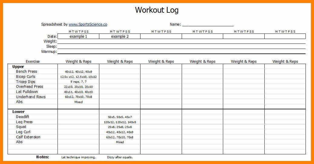 Workouts log templates printable in PDF Excel Template