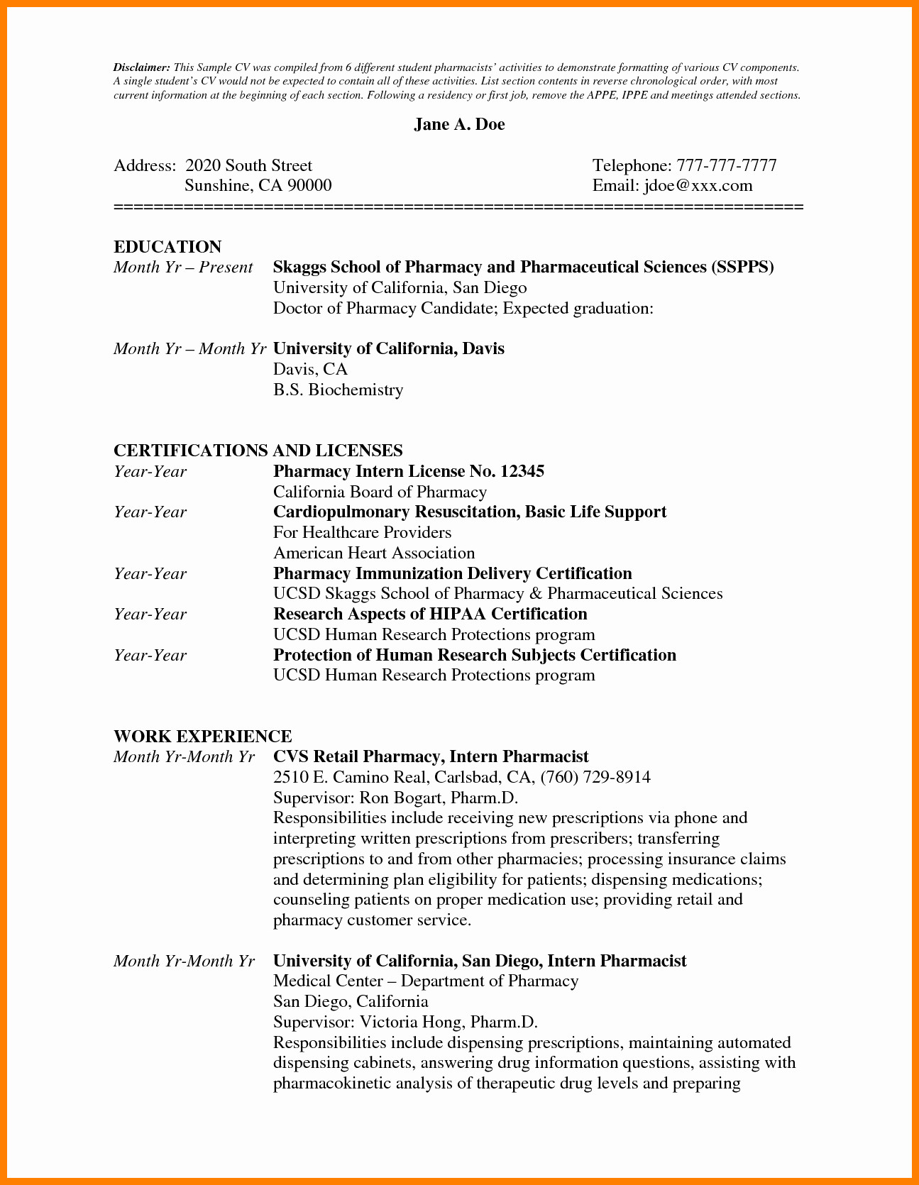 Formato PDF Resume Pharmacist Format