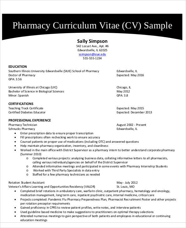 9 Pharmacist Curriculum Vitae Templates PDF DOC