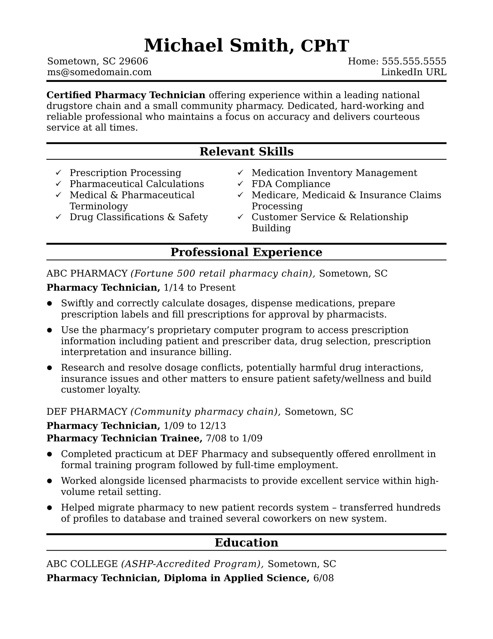 Midlevel Pharmacy Technician Resume Sample