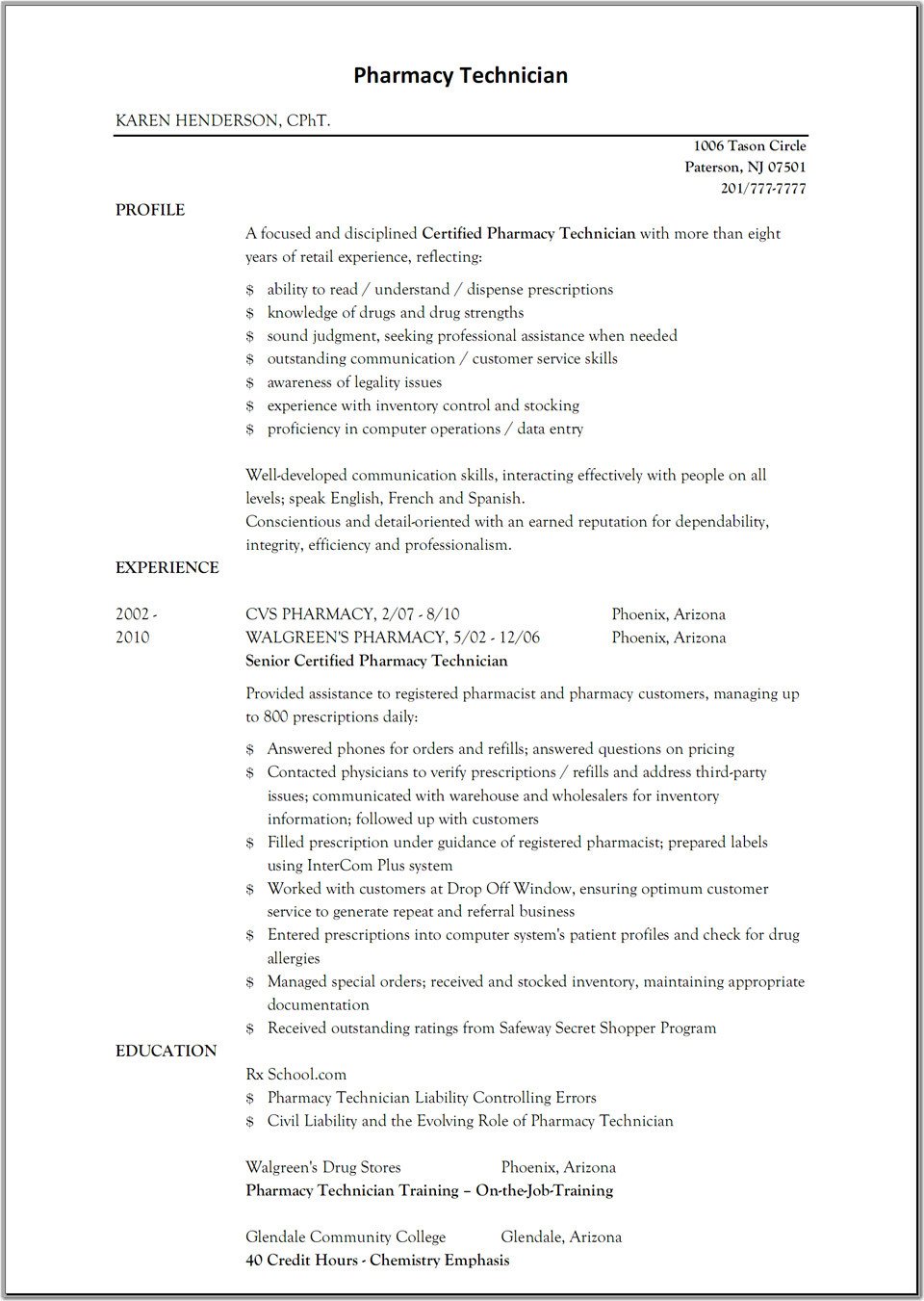 Sample Resume for Pharmacy Technician
