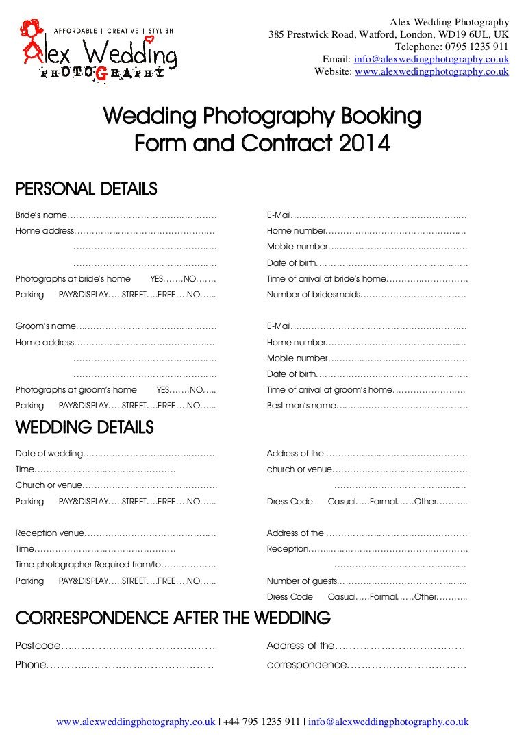 Wedding graphy Booking Form and Contract 2014