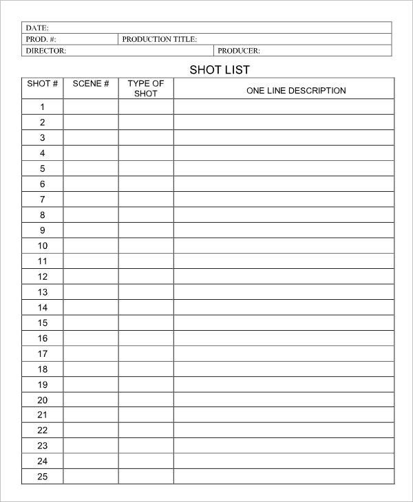 7 Sample Shot List Templates DOC PDF Excel
