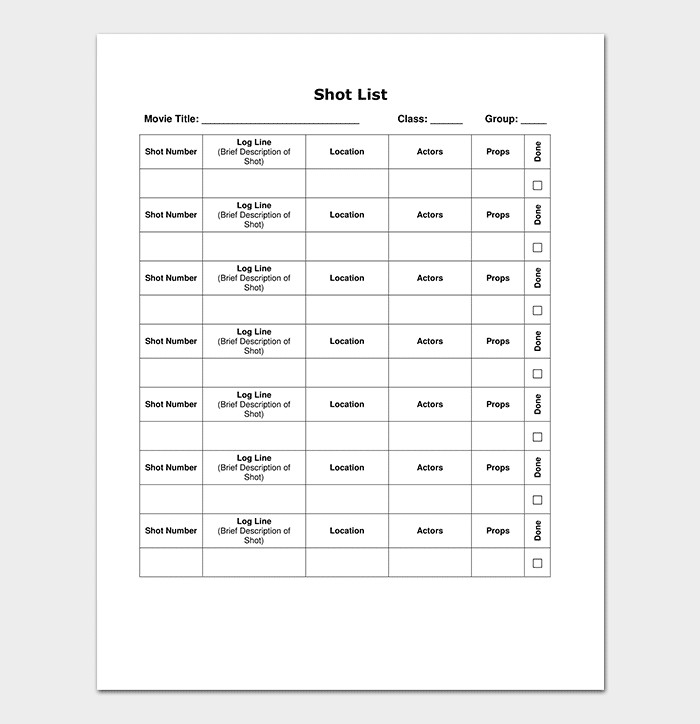 Shot List Template 18 for Word Excel & PDF Format