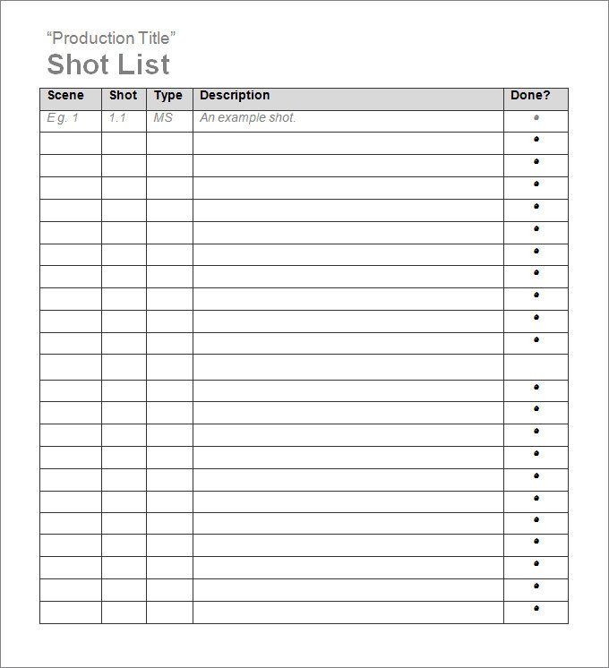 Shot List Template Free Word Excel Documents Download