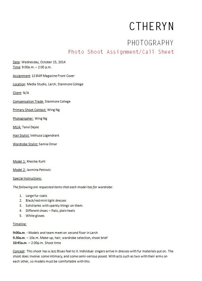 Call Sheet Organising my shoots