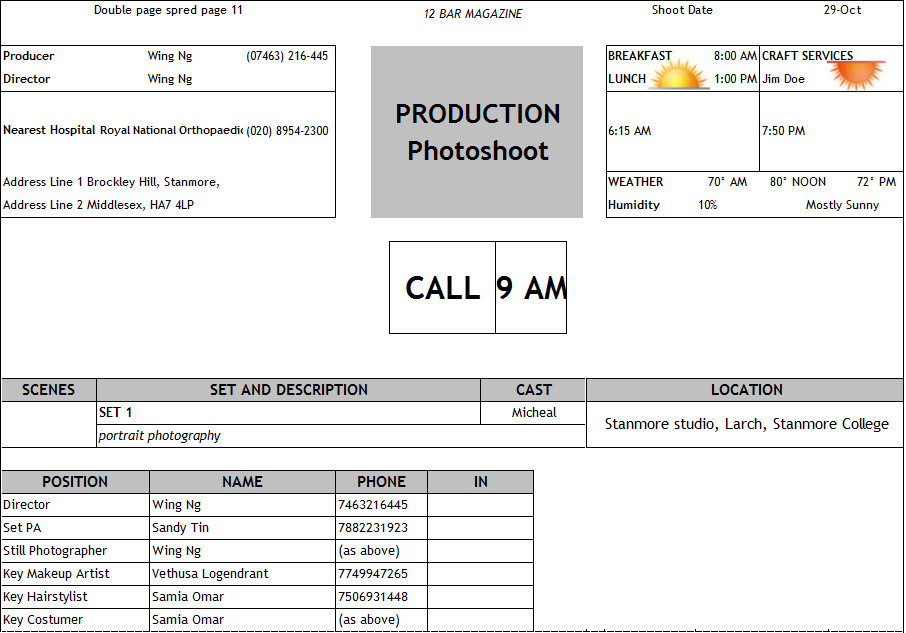 Call Sheet Template Photoshoot Download