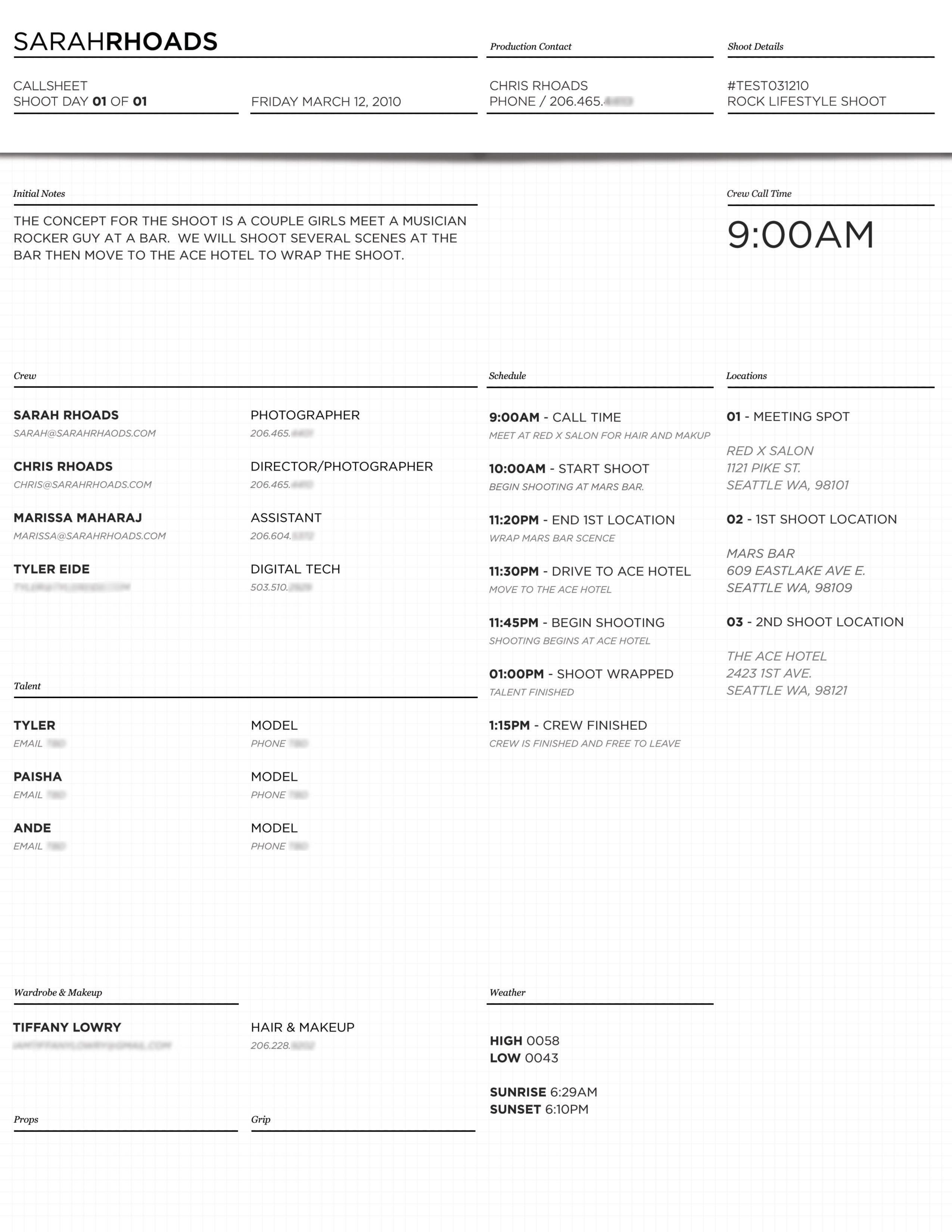 30 Photoshoot Call Sheet Template Simple Template Design
