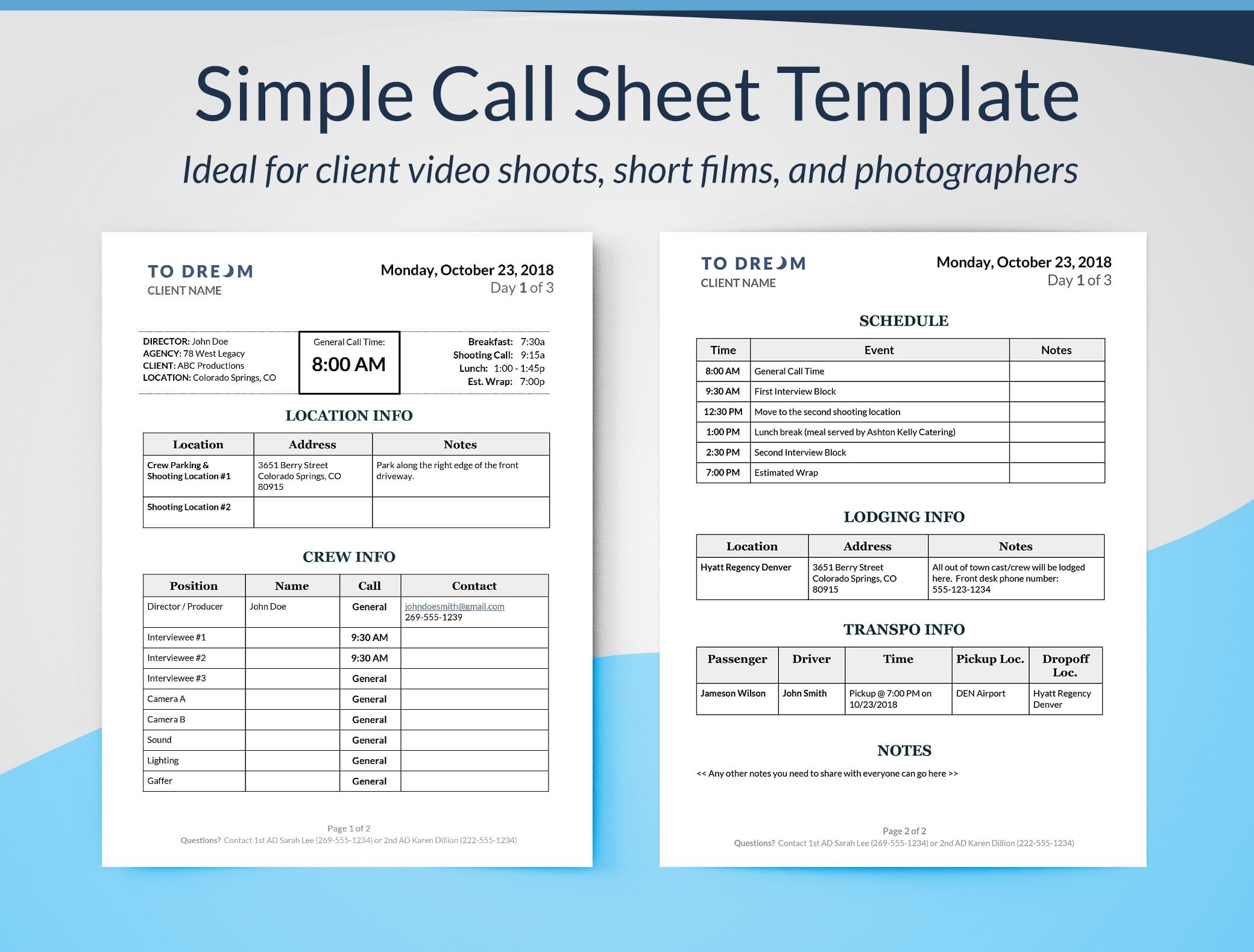 Simple Call Sheet Template Word Doc