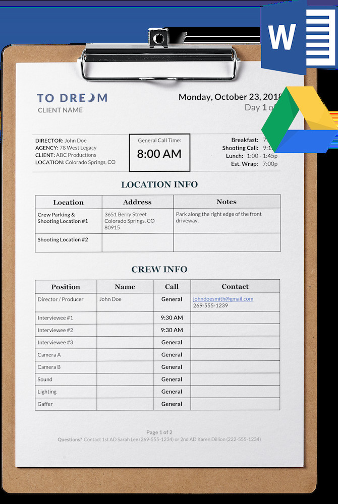 Simple Call Sheet Template Word Doc