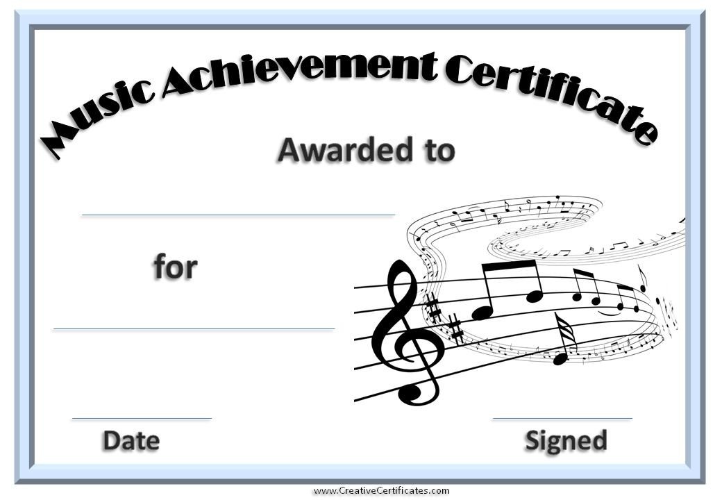 printable music certificate with a light blue border